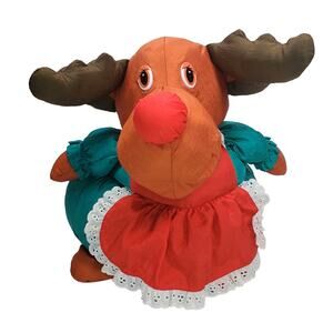 Vtg Parachute Material Plush Reindeer Trinket Box Nylon Basket Christmas 12"